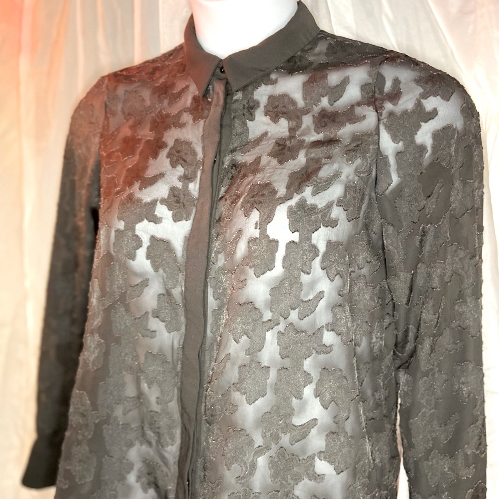 Very Cute Black Sheer Blouse w/ Flower Print!